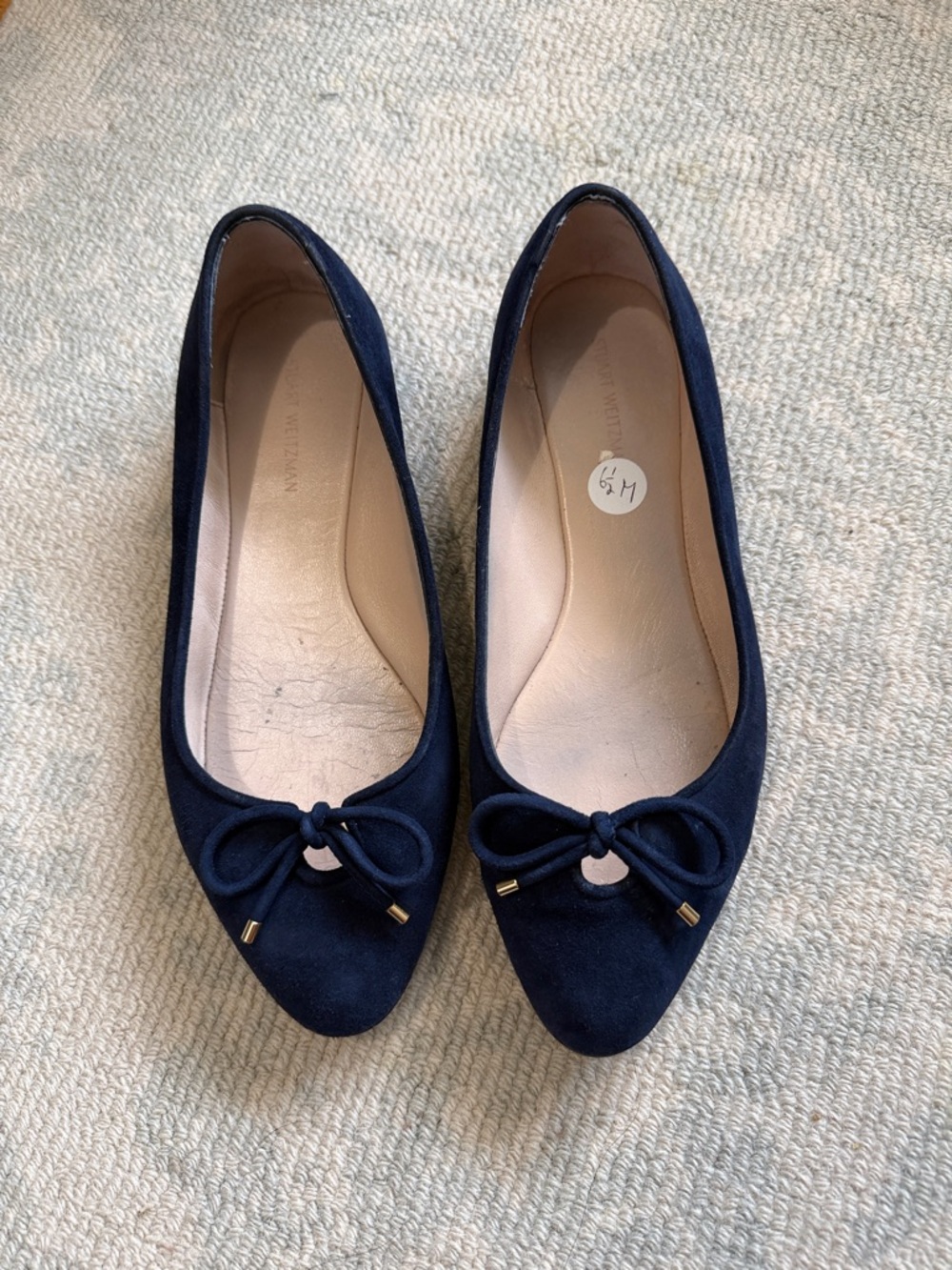 Stuart Weitzman Navy Pointed-Toe Bow Ballet Flats